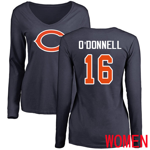 Chicago Bears Navy Blue Women Pat O Donnell Name and Number Logo NFL Football #16 Long Sleeve T Shirt